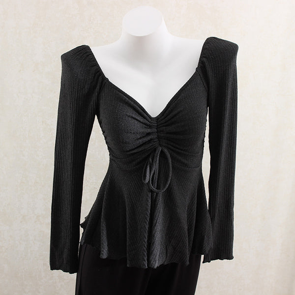 Elegant Chinese Knit V-Neck Drawstring Top in Beige, Brown, Dark Gray - Slim Fit Women's Top