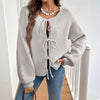 Women's Lace-up Cardigan in Solid Color - Casual and Loose Fit - Acrylic Sweater - European Sizes - Light Gray, Navy Blue, Pink, or White - Long Sleeve.