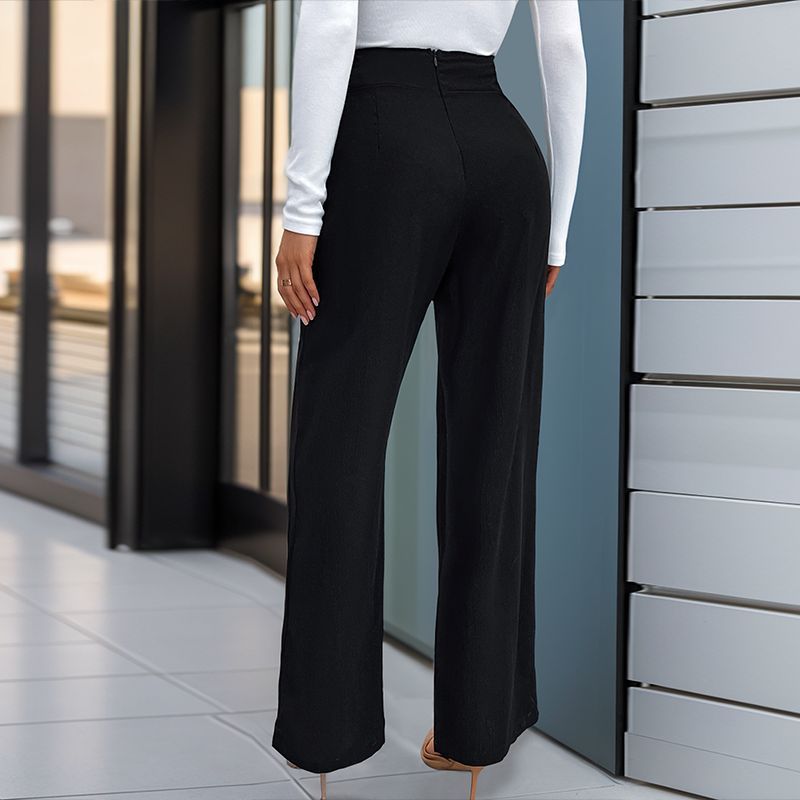 European And American Solid Color With Buckle High Waist Straight Pants