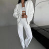 Women's Chic Zip-Up Jacket & Wide Leg Pants Set in Milky White, Pure White, Black, or Pastel Pink - Stylish Sportswear Ensemble