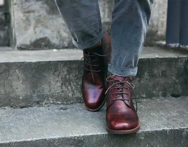 Men's Retro Style Soft Leather Sneakers in Wine Red and Bronze - Trendy and comfortable male footwear with durable rubber soles.