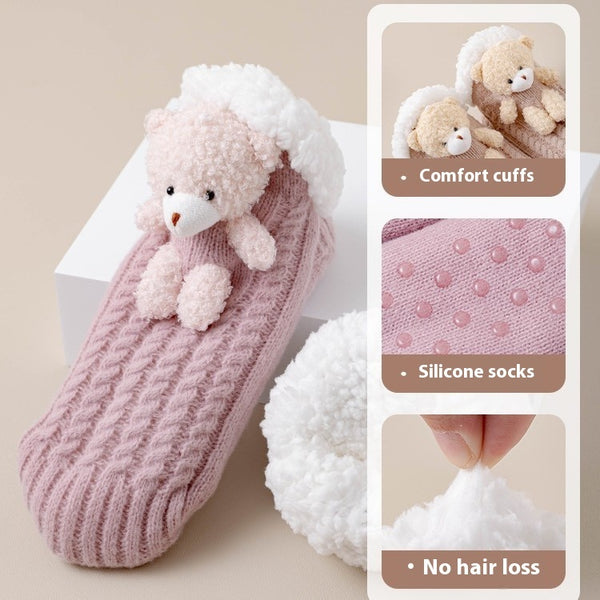 Women's Winter Warm Cartoon Lambswool Socks in Pink, Black, Gray & Khaki - Free Size Snug Fit Short Tube Socks.