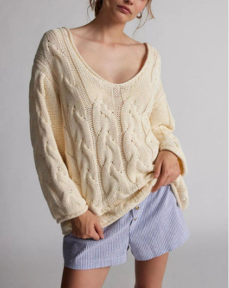Women's Twist V-Neck Pullover Sweater in Apricot - Cozy Knitwear with Twist Design, Loose Fit, and Chic V-Neck - Sizes S-XXL