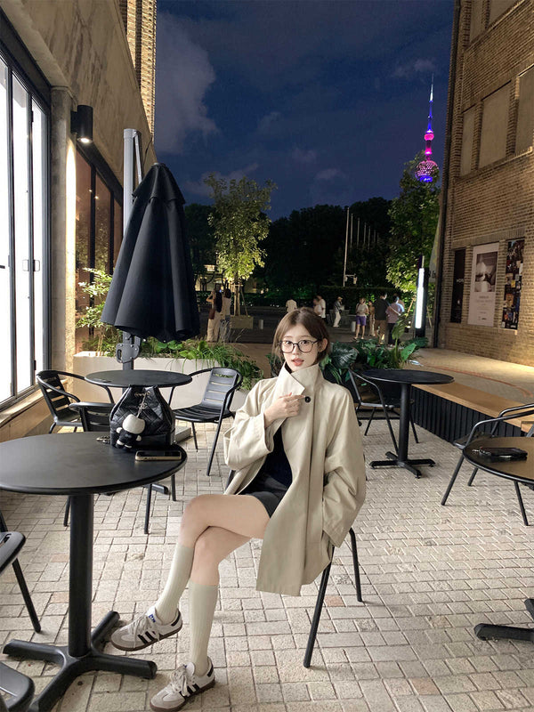 Elegant Jane Graceful Mid-Length Coat with Stand Collar, Cotton Blend Coat - Versatile Fashion Statement.