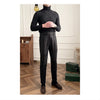 Men's Warm Black Herringbone Thermal Pants - Wool Polyester Blend
