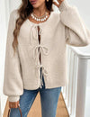 Women's Lace-up Cardigan in Light Gray, Loose Fit Sweater - European Sizes - Acrylic - Casual and Solid Color Option in Apricot, White or Navy Blue