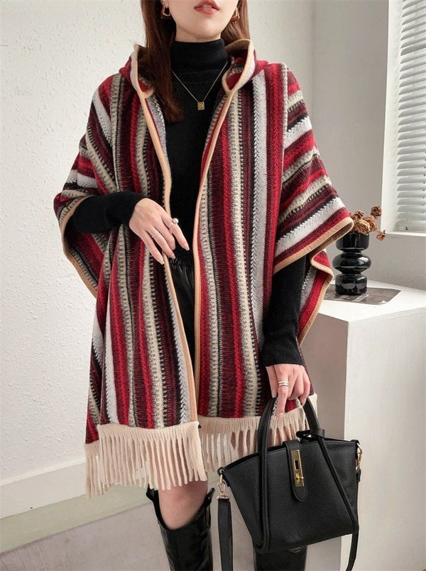 Ethnic Hooded Shawl Cape - Retro Stripe Design, Woolen Fabric - Winter Fashion Accessory