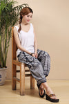 Women's Linen Bloomer Pants, Ethnic Print Blue White, Retro Style Cropped Straight-Cut - Free Size-Female