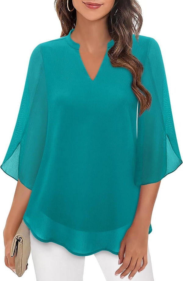 Radiant Petal-Sleeve Chiffon Top in Vibrant Colors. Women's Loose Fit V-neck for Casual to Semi-Formal Wear. Top features 3D Effect Pattern.