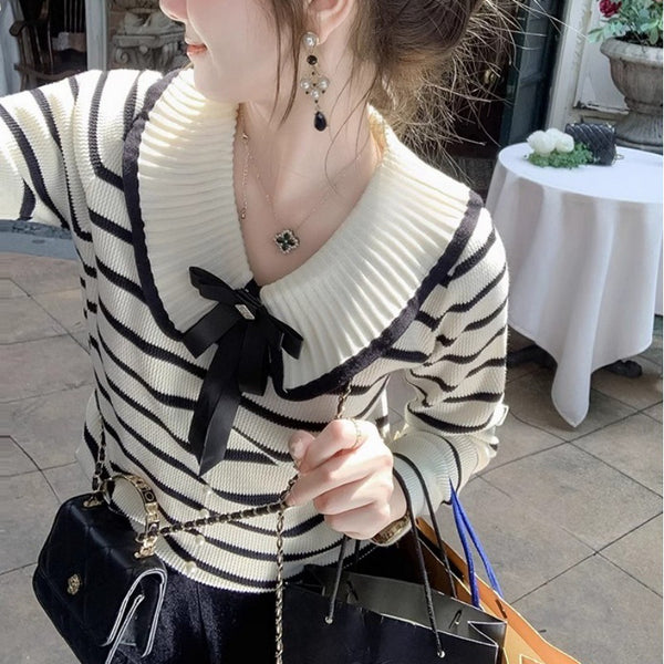 Chic Women's Doll Collar Sweater with Bow Detail - Red & White Sizes - Casual Buttoned Pullover Sweater - Japanese & Korean Style - One Size Poly Blend