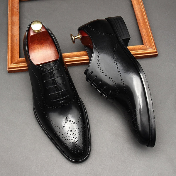 Men's British-Style Formal Leather Shoes in Black Brown - Lace-Up Design, Genuine Cowhide, Business Attire, Breathable & Durable.