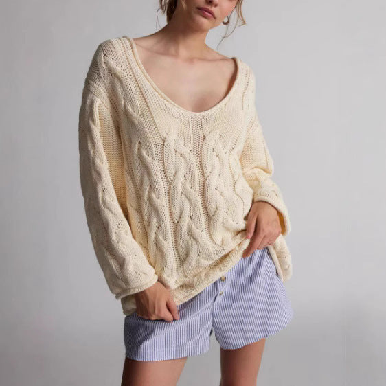 Women's Apricot Twist V-Neck Pullover Sweater - Cozy Knitwear for Winter Fashion