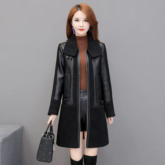 Ladies Leather Thickened Fur Coat Lapel