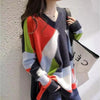 Women's V-Neck Knitted Rainbow Sweater, Vibrant Rainbow Hues, Loose Fitting Pullover Design