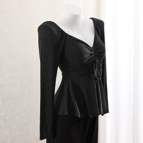 Elegant Chinese Knit V-Neck Drawstring Top in Brown, Dark Gray, Beige - Slim Fit Style. Chic & comfy Asian-inspired women's fashion.