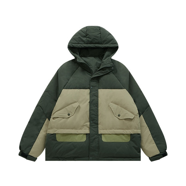 Men's Retro Workwear Down Jacket, White Duck Down Fill, Trendy Hooded Winter Coat, Stylish Polyester Fiber Outerwear