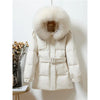 Chic Fur Collar Down Jacket with Hood - Black or Khaki - Women's Winter Outerwear - Mid-Length, Stylish, Warm & Cozy