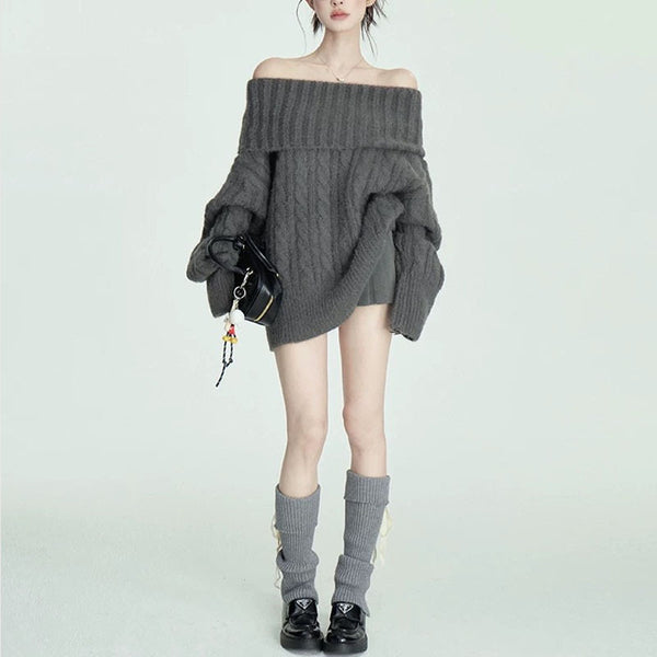 Chic Off-Shoulder Turtleneck Sweater in Soft Gray Polyester Blend - Cozy winter pullover with trendy design for women - Fashionable and comfortable option.