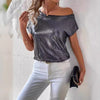 Chic Off-Shoulder Sequin T-Shirt for Ladies in Silver Grey - Elegant Fashion Statement