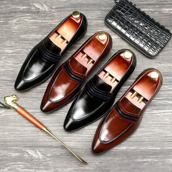 Men's Leather Loafers in Black and Wine Red, Low Heel, Comfortable Fit, Genuine Cowhide, Rubber Soles - Sizes 37-44