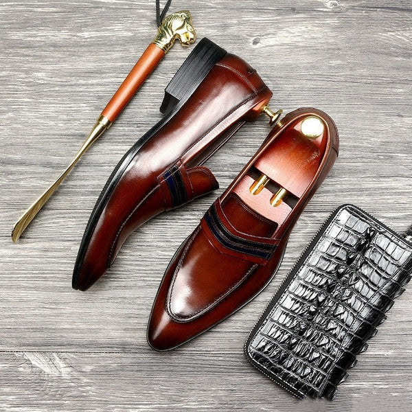 Men's Leather Loafers in Black and Wine Red - Stylish, Comfortable Shoes with Low Heels, Genuine Cowhide Leather, and Durable Rubber Soles