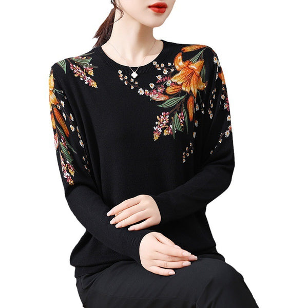 Chic Loose-Fit Long-Sleeved Knit Top in Black, Viscose Pullover Sweater with 3D Pattern - Women's Fall Fashion