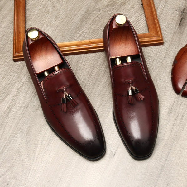 Elegant Cowhide Leather Shoes for Weddings and Formal Events - Black or Wine Red, Men's Round Toe Business Footwear, Sizes 37-45