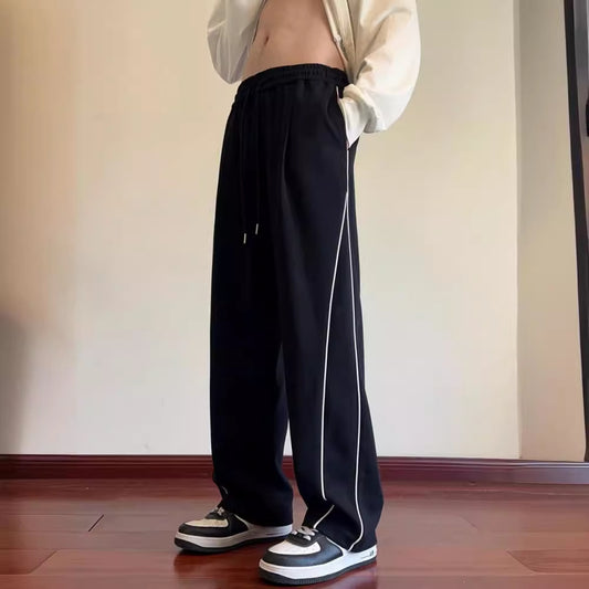 Men's Black & White Wide-Leg Summer Pants with Stripes Pattern