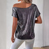 Chic Off-Shoulder Sequin T-Shirt for Ladies in Silver Grey Polyester - Glamorous Party Top with Slim Fit Silhouette