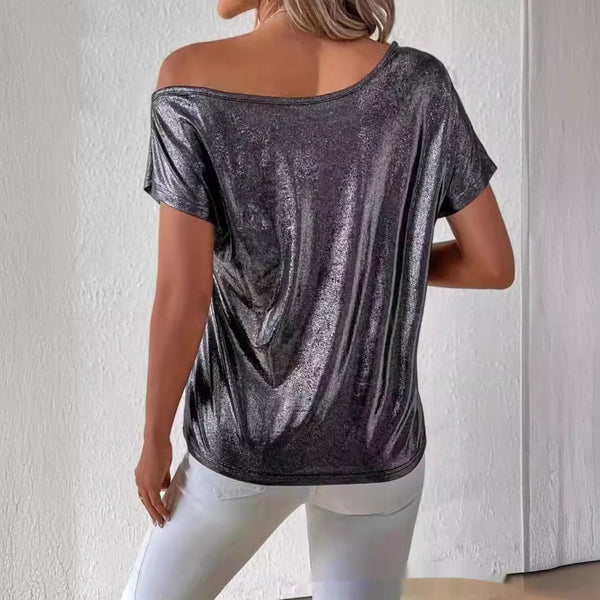Chic Off-Shoulder Sequin T-Shirt for Ladies in Silver Grey Polyester - Glamorous Party Top with Slim Fit Silhouette