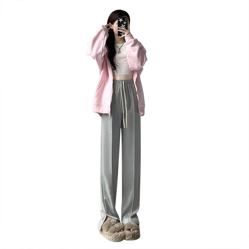 Sports Straight Loose Casual Slit Wide Leg Pants