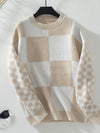 Autumn Slim-fit Color Block Plaid Sweater, Khaki & Green, Polyester, Women's Pullover.