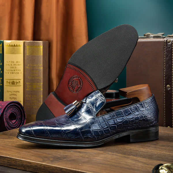Premium British Blue Leather Casual Business Shoes with Durable Rubber Sole