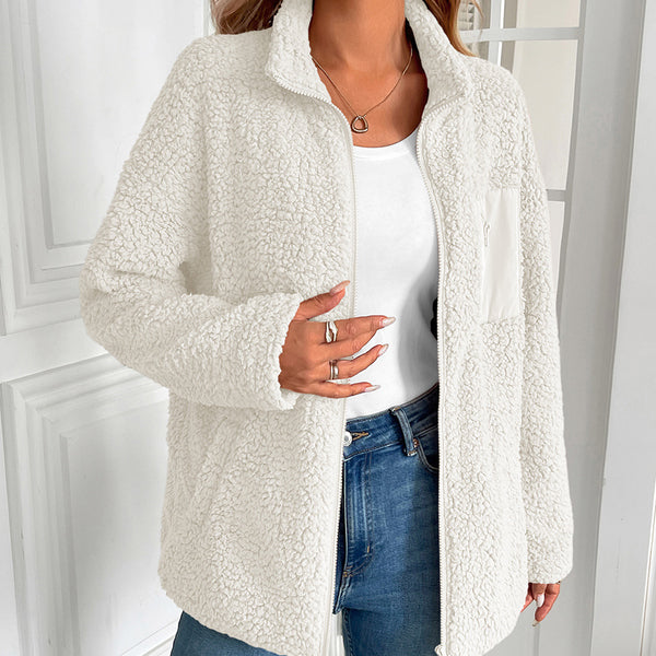 Women's Warm Fleece Coat - Autumn/Winter European Style - Cashmere & Polyester Blend - Pink, Grey, Black, White - S to XXL Sizes