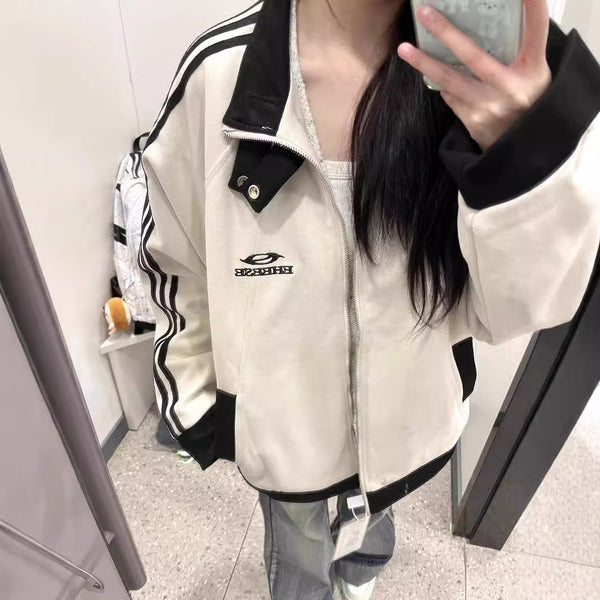 Trendy College-Style Baseball Jacket for Women - Loose Fit Polyester Outerwear with Long Sleeves - Commute & Design-Savvy Fashion.