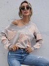 Cozy Gray Rose Pattern Women's Sweater - Loose Fit