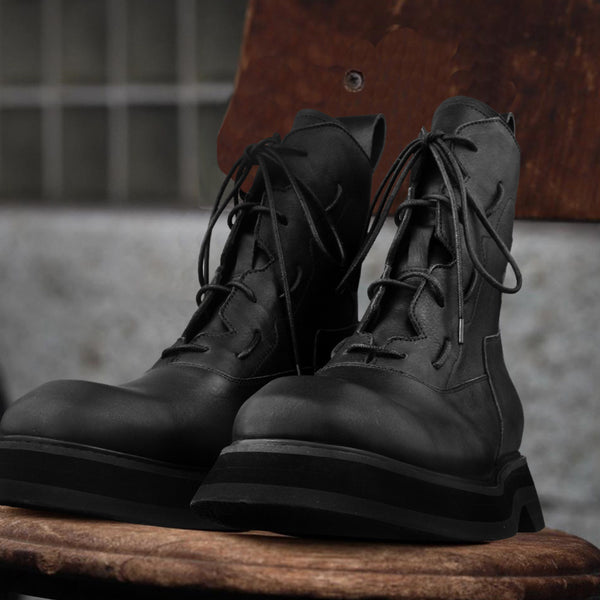 Trendy Men's Mid-Top Leather Platform Boots in Black - Korean Style PU Leather Shoes with Comfortable 3-5CM Heel