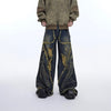 Vintage-Style Distressed Straight-Leg Jeans with Tassel Detail in Black and Blue, Retro Inspired Jeans.