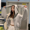 Korean Style Cozy Hooded Coat in Elegant Gray for Women - Loose Fit, Long Sleeve, Warm Cotton Fabric
