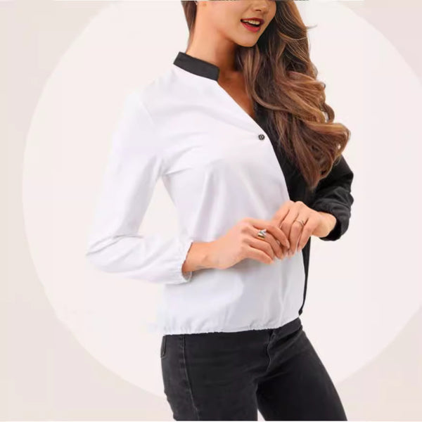 Chic Women's Business Casual Shirt in Crisp White with Contrast Color Design - Sizes S-XXL - Polyester Professional Wear.