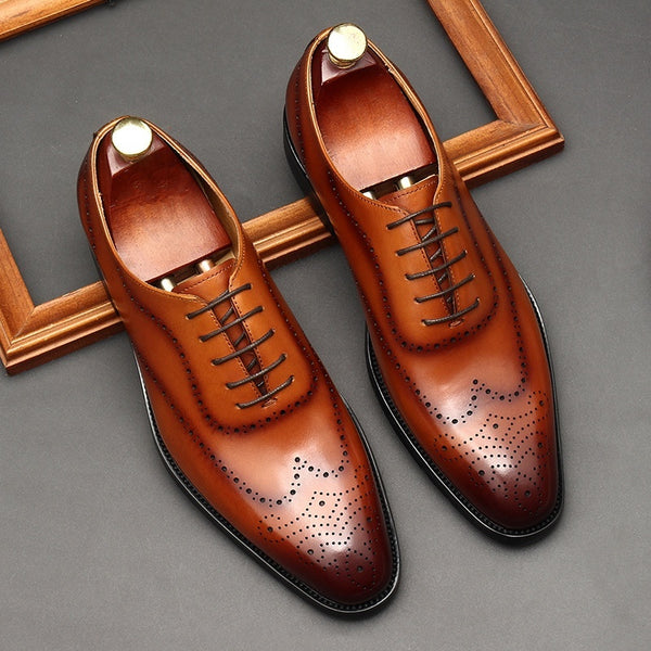 Men's British-Style Lace-Up Leather Shoes in Black and Brown - Formal Dress Shoes for Business - Genuine Leather, Breathable, and Durable