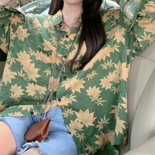 Trendy Button Print Loose Fit Long Sleeve Top for Women