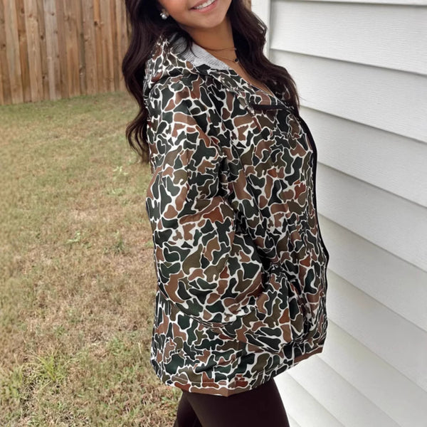 Trendy Camouflage Zip-Up Rain Jacket with 3D Pattern - Women's Outdoorwear