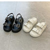 Women's Chic Summer Platform Sandals with Metallic Buckle in Black and Creamy-White, Korean Style, Anti-Slip Sole, Sizes 35-40