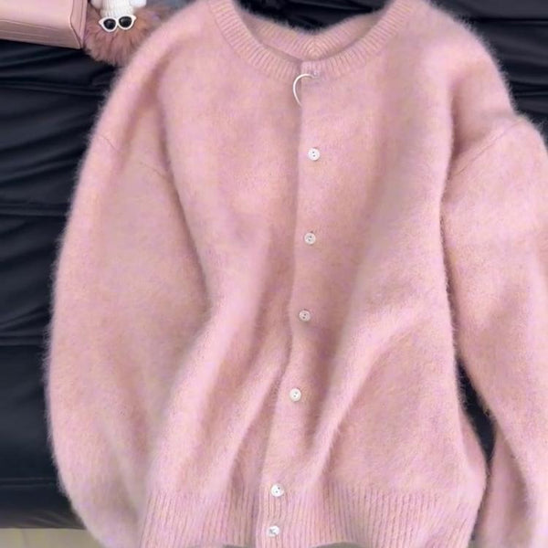 Women's Plush Velvet Cardigan in Cherry Tint, cozy and feminine pink sweater