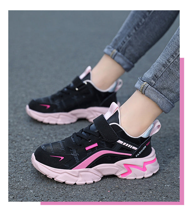 Waterproof Unisex Kids' Leather Casual Sneakers - Pink or Black, Velcro Fastening, All-Season Wear & Grip, Breathable & Lightweight.