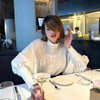 White Puff Sleeve Blouse with Stand-up Collar, Elegant Women's Fashion, Lantern Sleeve, Polyester, Office Wear