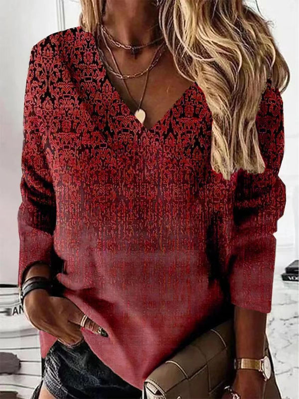 Chic Retro V-Neck Women's Long-Sleeve T-shirt in 3D Prints, Multiple Colors