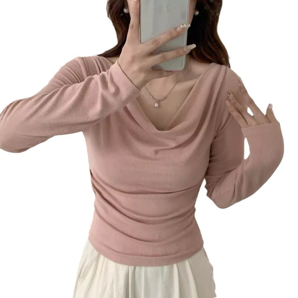 Chic One-Shoulder Long Sleeve Top, Cold-Shoulder Style, Polyester Fabric, Trendy Fall Fashion
