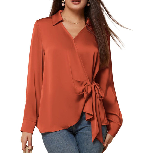 Elegant Lace-up Long Sleeve Shirt in Milk Silk - Waist Trimming. Vibrant colors, sophisticated style. Women's fashion essential.